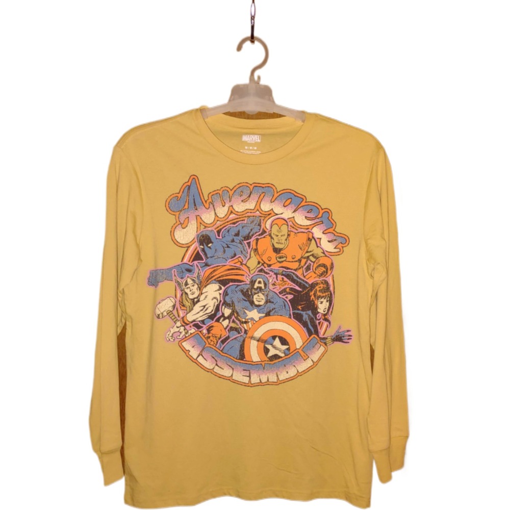 Marvel Avengers Assemble Graphic T Shirt Mens‎ M Yellow New Long Sleeve Y2K